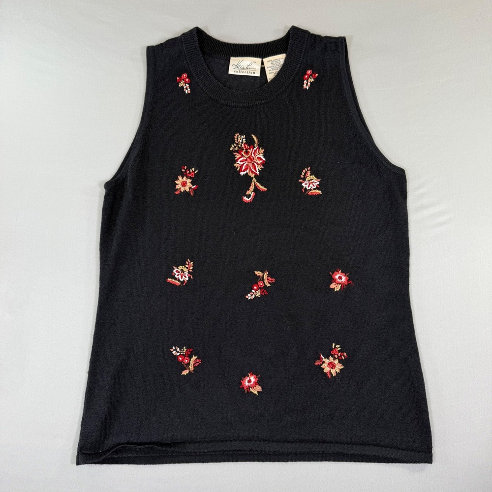 Vintage Floral Sweater Vest Womens Large Black Embroidered Cottagecore Folk